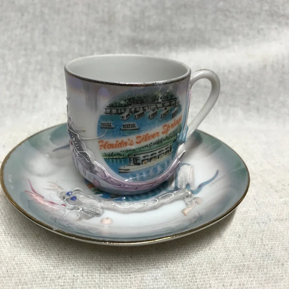 Vintage Silver Springs Souvenir Cup and Saucer: Moriage Dragonware, Kenmar Japan